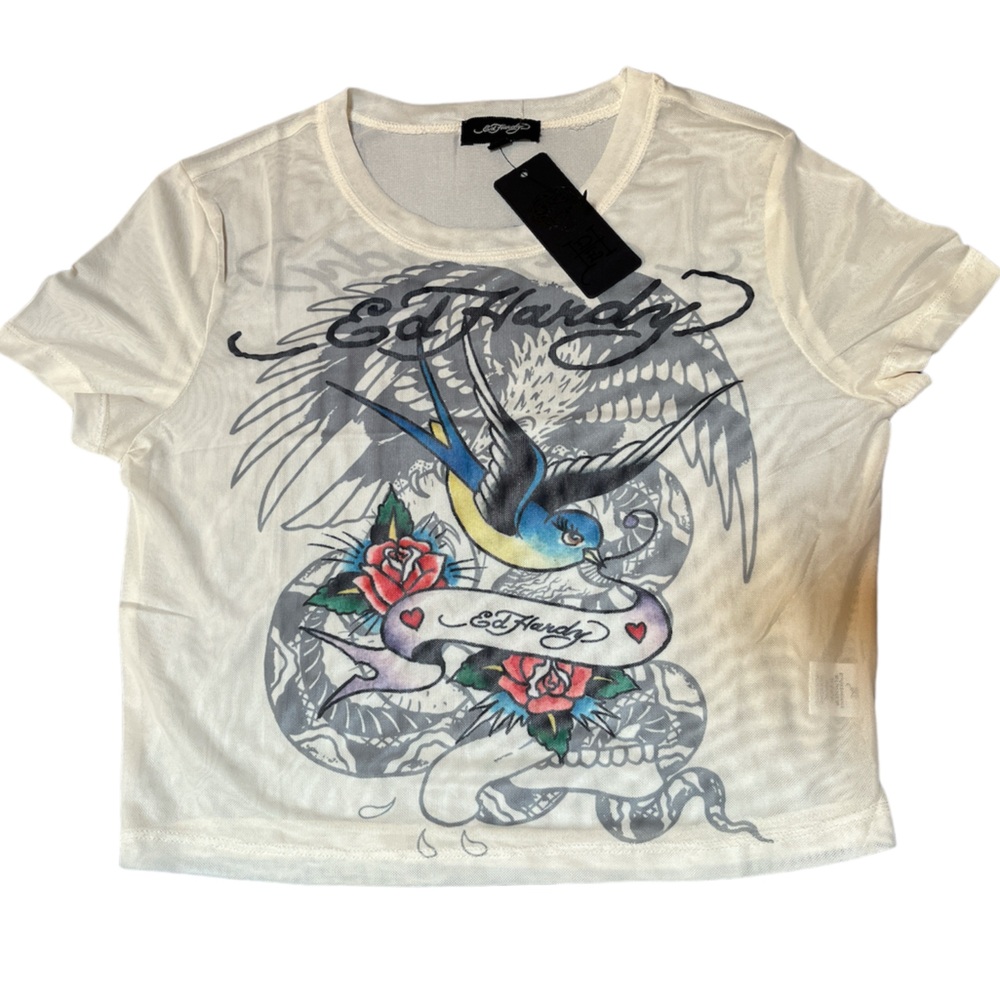 NWT ED HARDY WOMEN’S MESH CROPPED TOP. WHITE. SIZE LARGE
